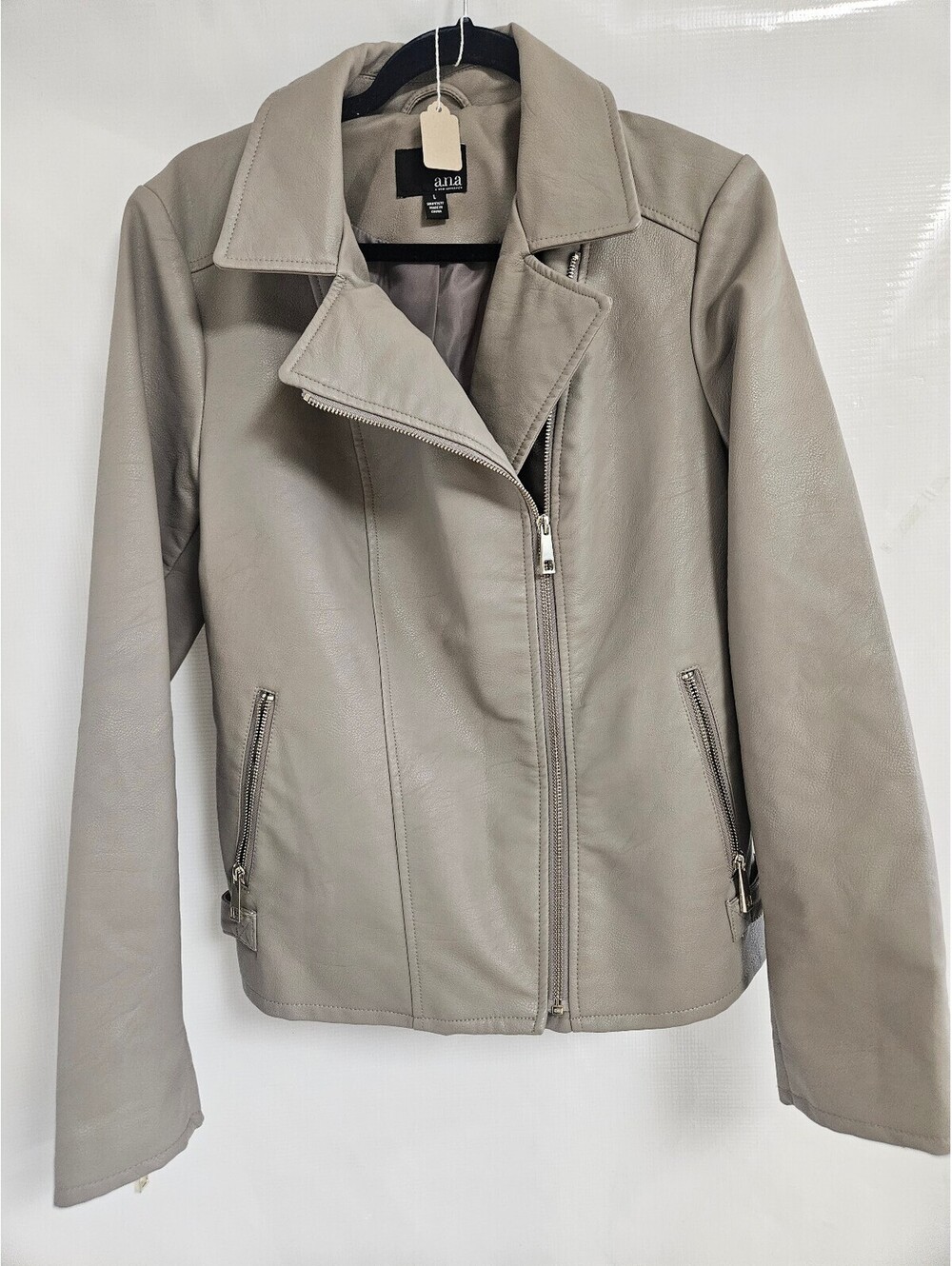 a.n.a Light Gray Faux Leather Moto Jacket Size L